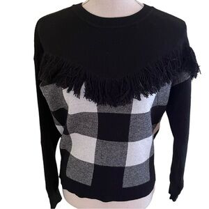 Bar III Black/White Buffalo Print Sweater with Fringed Yoke XS